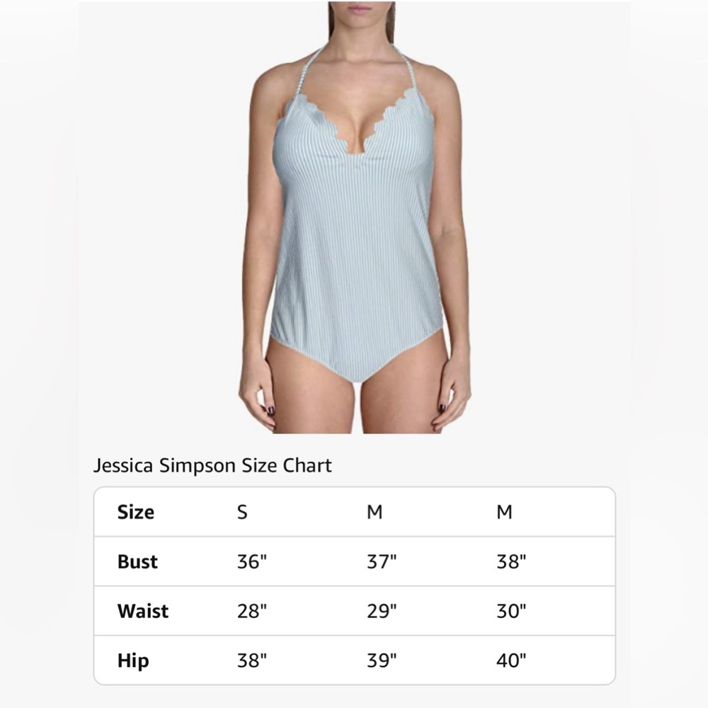 Jessica Simpson Under The Sea Scalloped Edge Stripped Halter One-Piece Swimsuit - Picture 2 of 15